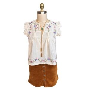 Embroidered Floral Ruffle Jennifer & Grace Peasant Top S Cream